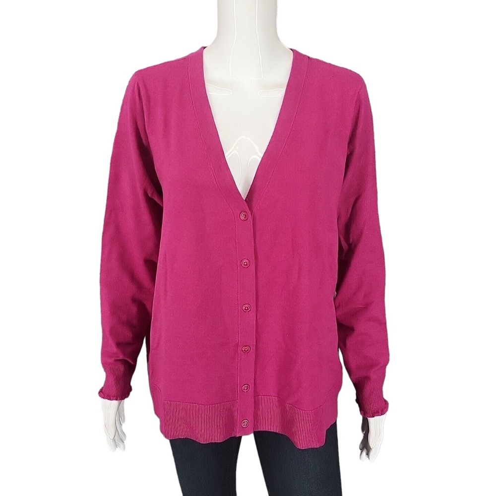 Candace Cameron Bure Fuchsia V-Neck Cardigan Sweater Large Pink Ruffle Cuff